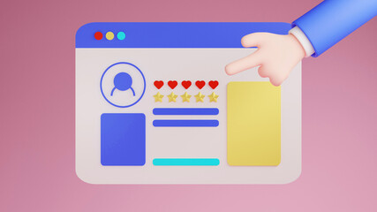 Social network profile and cartoon human hand.3d render illustration