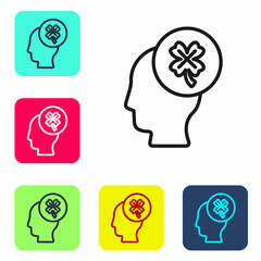 Black line Casino slot machine with clover symbol icon isolated on white background. Gambling games. Set icons in color square buttons. Vector