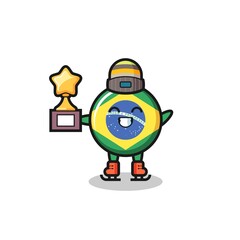 brazil flag badge cartoon as an ice skating player hold winner trophy