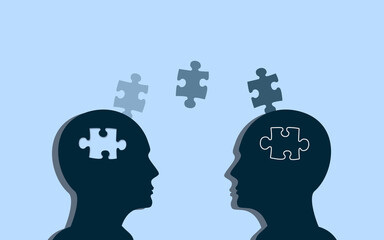 Two Person Exchanging a piece of jigsaws puzzle. One Human head give the piece to another human brain. donor and receiver Concept creative idea. 