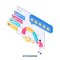 Site rating and ranking. Concept. User ratings and сomments.Crm system. Isometric vector illustration on white background.