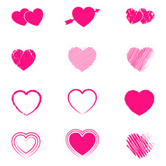 Red heart vector icon background set for Valentine`s day, medical illustration, love story symbol.