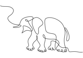 Elephant in continuous single line drawing. A wild animal in the jungle hand drawn one line art minimalism design. Rainforest mammals herd concept isolated on white background. Vector illustration