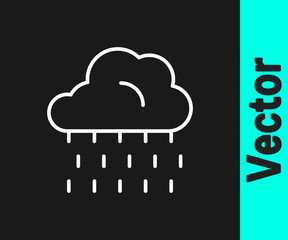 White line Cloud with rain icon isolated on black background. Rain cloud precipitation with rain drops. Vector