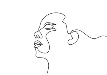 Abstract poster woman face in one continuous line drawing style. Beauty salon or fashion print minimalist concept hand drawn line art isolated on white background. Vector sketch illustration