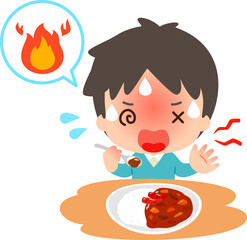辛いカレーを食べて汗をかく若い男性