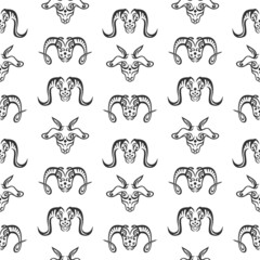 Bohemian seamless pattern of mamalia head. Hand drawn vintage tribal bull head, buffalo head, cow head, sheep head, goat head. Good for t-shirt print, tattoo, logo etc. Vector wildlife concept