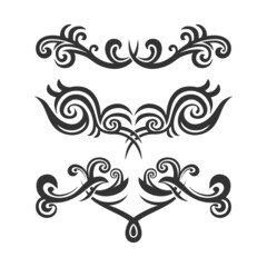 Set of three tattoo ornament with ethnic motif isolated on white background. Tribal bohemian design symbols for border, frame, tattoo, logo, cards, decorative paper. Vector monochrome illustration