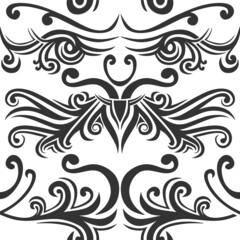 Black and white colored seamless pattern of ornamental boho style elements. Trendy hand drawn ethnic tribal symbol background for tattoo template design. Vector illustration
