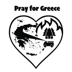 Greece Wildfire Support Icon. Heart shape with silhouette of the country and trees with flames.