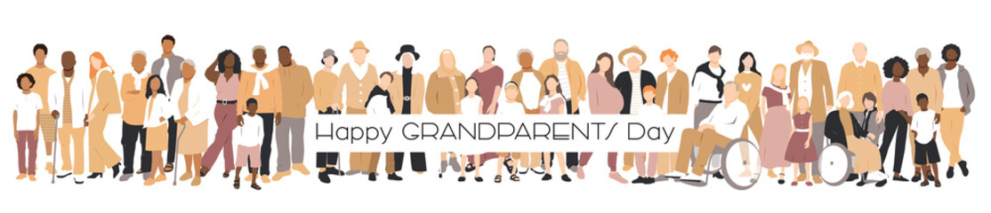 Obraz premium Happy Grandparents Day card. Multicultural group of families. Flat vector illustration.