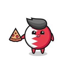 cute bahrain flag badge cartoon eating pizza