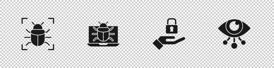 Set System bug, on monitor, Lock in hand and Eye scan icon. Vector