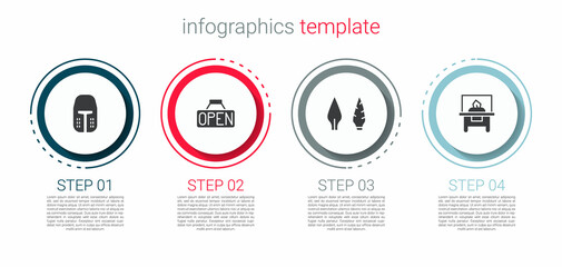 Set Medieval iron helmet, Hanging sign with Open, Stone age arrow head and Glass showcase for exhibit. Business infographic template. Vector