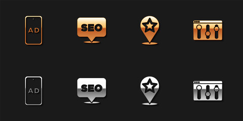 Set Advertising, SEO optimization, Map pointer with star and Browser setting icon. Vector