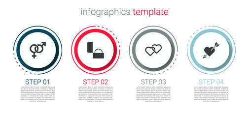 Set Gender, Diamond engagement ring, Two Linked Hearts and Amour with heart and arrow. Business infographic template. Vector