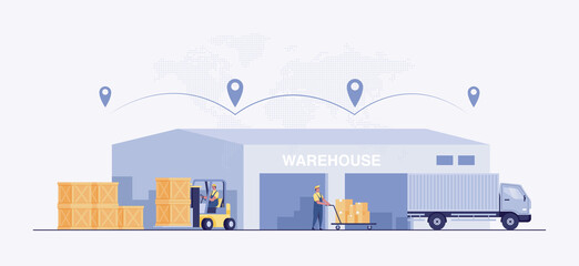Warehouse industry with storage buildings, forklift, truck and rack with boxes. Warehouse Management, Logistic Management.  illustration - obrazy, fototapety, plakaty