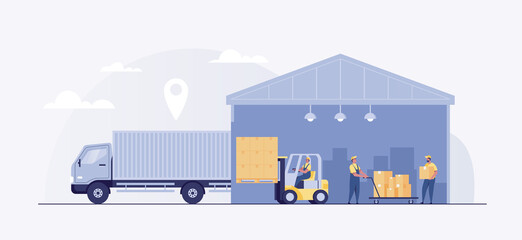 Warehouse building.  Warehouse workers use forklifts to move boxes into trucks. Vector illustration - obrazy, fototapety, plakaty