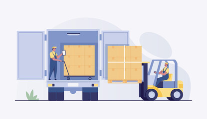 Forklift loading pallet boxes into truck rear view. Electric Uploader loading cardboard boxes in delivery vehicle. vector illustration © yellow_man
