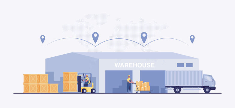 Warehouse industry with storage buildings, forklift, truck and rack with boxes. Warehouse Management, Logistic Management.  illustration