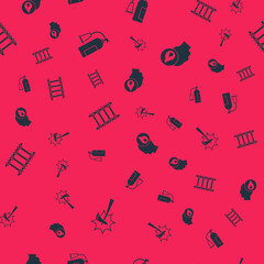 Set Firefighter axe, extinguisher, escape and on seamless pattern. Vector