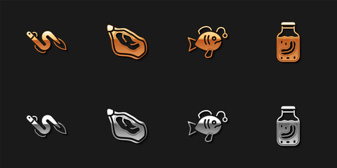 Set Eel fish, Mussel, Tropical and Sea cucumber in jar icon. Vector