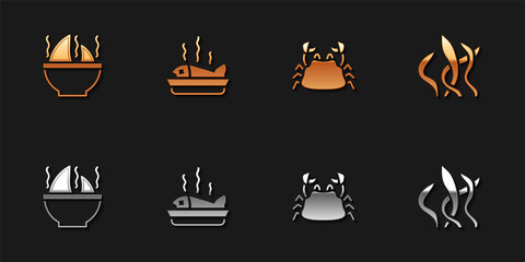 Set Shark fin soup, Served fish on plate, Crab and Seaweed icon. Vector