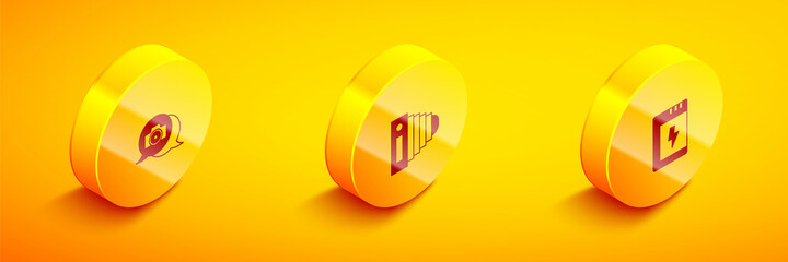 Set Isometric Photo camera, and Battery for icon. Vector