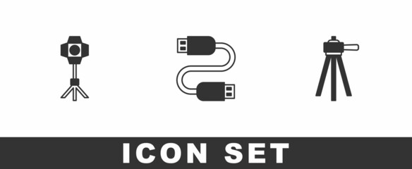Set Softbox light, USB cable cord and Tripod icon. Vector