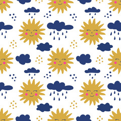 Smiling yellow sun and cloud with raindrops seamless pattern. Funny nursery decor. Great for print for apparel, decoration, typography posters, cards, flyers, banners, baby wears. Vector background.