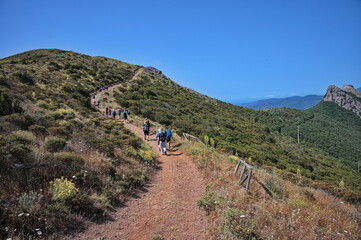 Group of hikers hiking on Elba island in Italy