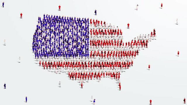 USA or America Map and Flag. A large group of people in the United States flag color form to create the map. Vector Illustration. 4K Animation Video.