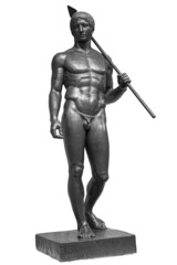 Ancient naked strong man sculpture. Young male athlete with spear statue isolated on white background
