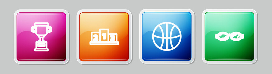 Set line Award cup, over sports winner podium, Basketball ball and Glasses for swimming. Colorful square button. Vector