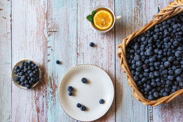 Blueberry lemon tea wooden background