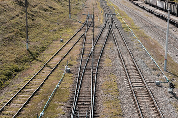 Fototapeta na wymiar Railroad. Multiple turnouts of railway tracks.