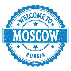 Fototapeta premium WELCOME TO MOSCOW - RUSSIA, words written on light blue stamp