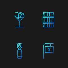 Set line Street signboard with Bar, Bottle opener, Cocktail and Wooden barrel. Gradient color icons. Vector