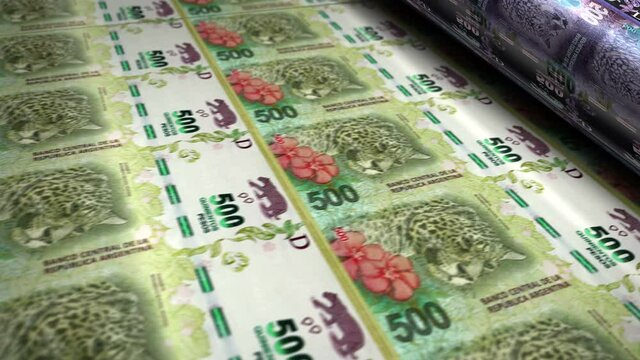Argentina Peso money banknotes printing roll machine loop. Paper ARS bank note print 3d looping seamless. Abstract concept of banking, debt, income, finance, economy and crisis.