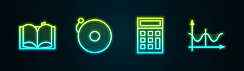 Set line Open book, Ringing alarm bell, Calculator and Graph, schedule, chart, diagram. Glowing neon icon. Vector