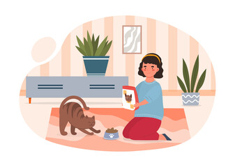 Animal care concept. Girl feeds pet cat. Child performs housework. Cute furry friend. Happy character and a well-fed animal. Cartoon modern flat vector illustration isolated on a white background