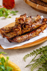 Piscok or banana chocolate is  traditional snacks from Indonesia. made of fried banana wrapped in spring roll skin.