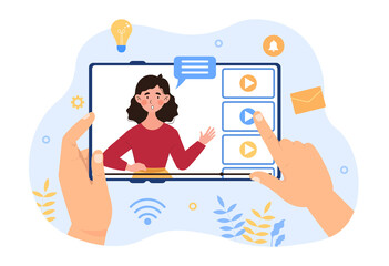 Online Education concept. Character watching webinar, mentor explains topic of the lesson. Educational video. Training course. Cartoon flat vector illustration isolated on a white background