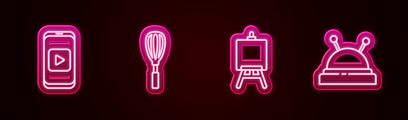 Set line Online play video, Kitchen whisk, Easel or painting art boards and Needle bed and needles. Glowing neon icon. Vector