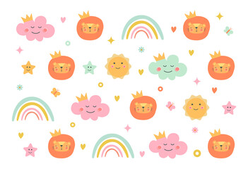Pattern for kids. Childrens print with lion, cloud, sun, star and rainbow. Template for printing on fabric and paper. Cute emotions. Cartoon flat vector illustration isolated on a white background