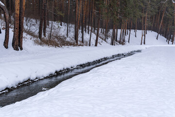 Forest river in winter. Winter forest river flow. Winter snow forest river flowing