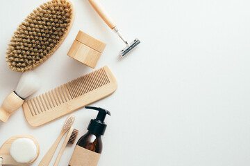 Eco-friendly bathroom accessories on white background. Zero waste SPA tools, sustainable lifestyle concept.