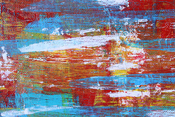 Red, yellow, blue and white abstract art background. Acrylic  on canvas. Rough brushstrokes of paint.