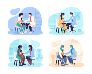 Annual pediatric checkups 2D vector isolated illustrations set. Toddler exam. Mother and kid appointment at clinic flat characters on cartoon background. Well-child visits colourful scene collection