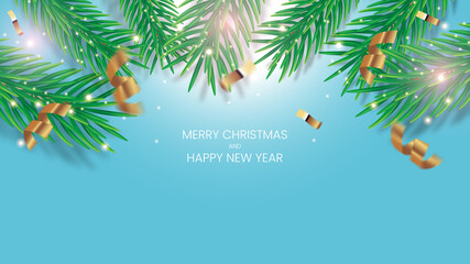 Merry Christmas and Happy New Year Banner. Light Blue Background. Christmas Lights and Sparkles with Serpentine and Confetti 